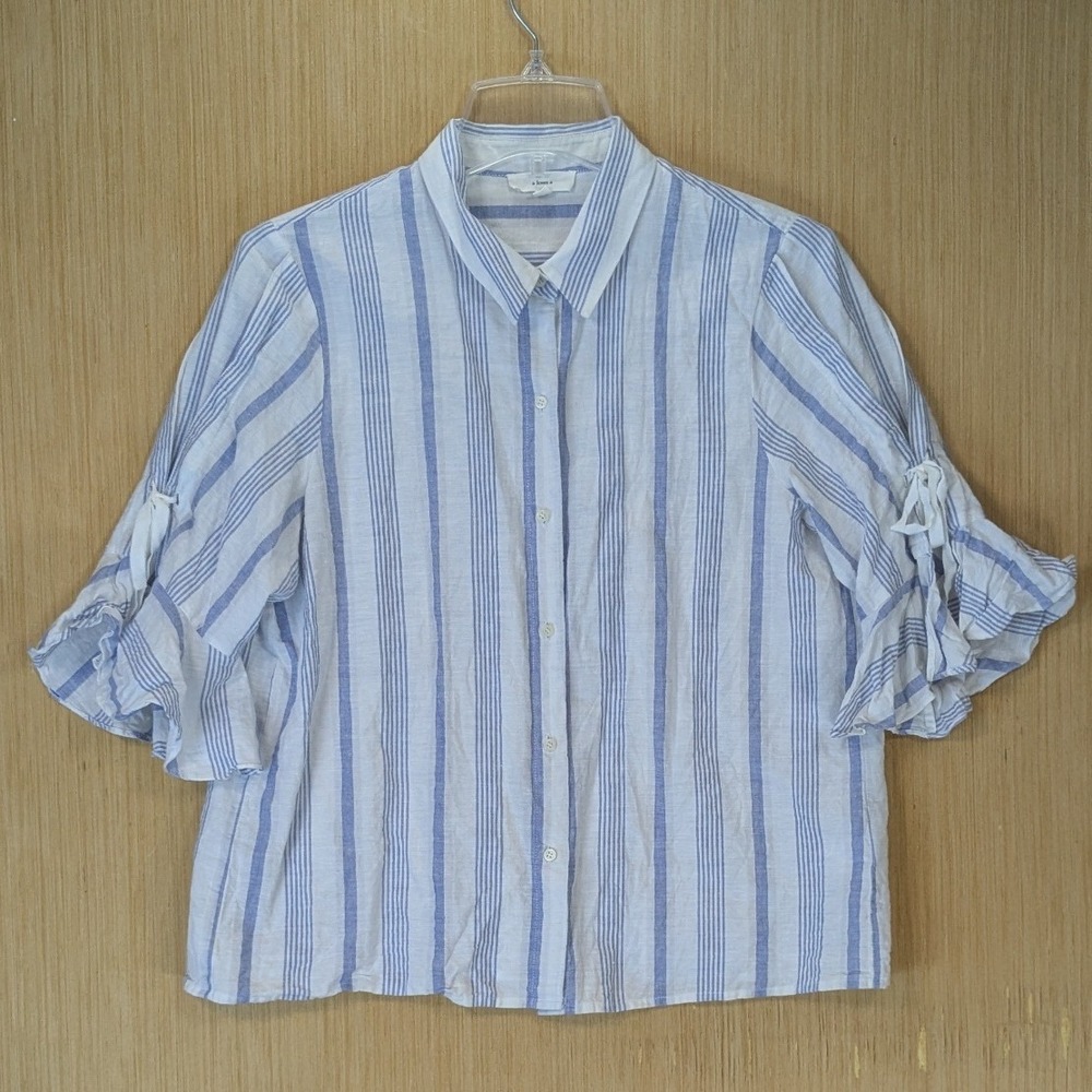 A Loves A Preppy Coastal Nautical Striped Cotton Linen Ruffle Top M Blue White